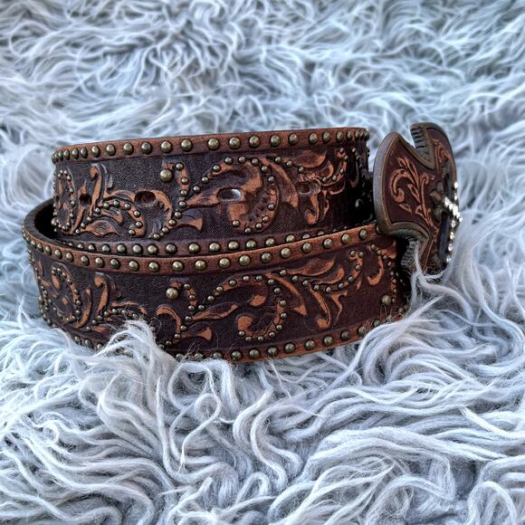 Tony Lama Studded Tooled Brown Leather Belt Buckle Rhinestone Cross Womens 32 main image 9